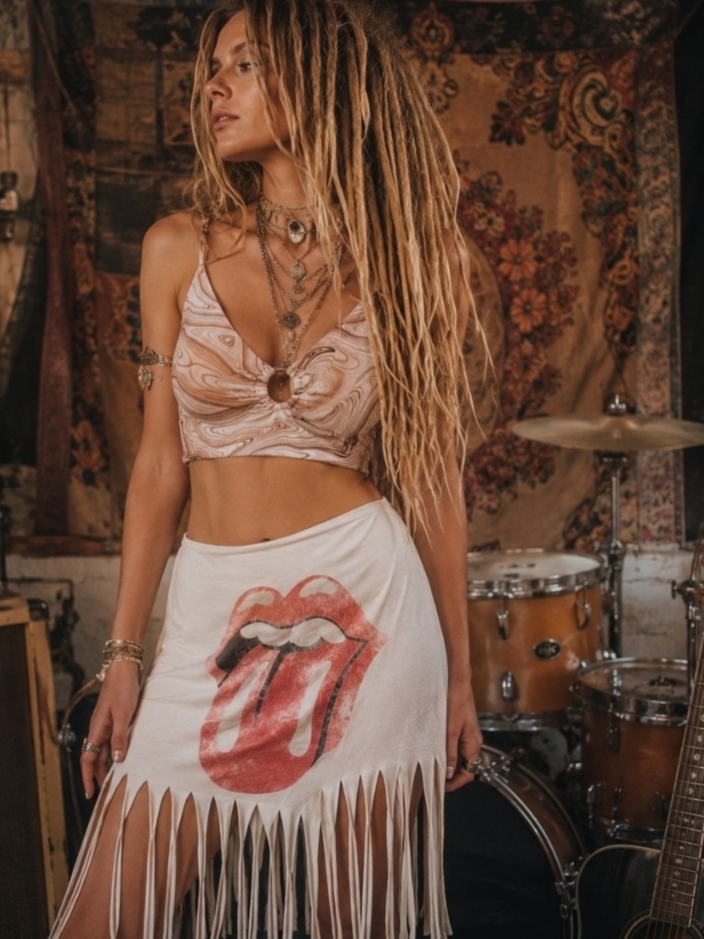 Fringed White Graphic 2pc Set Red Tongue Print Festival Boho Crop Top And Skirt